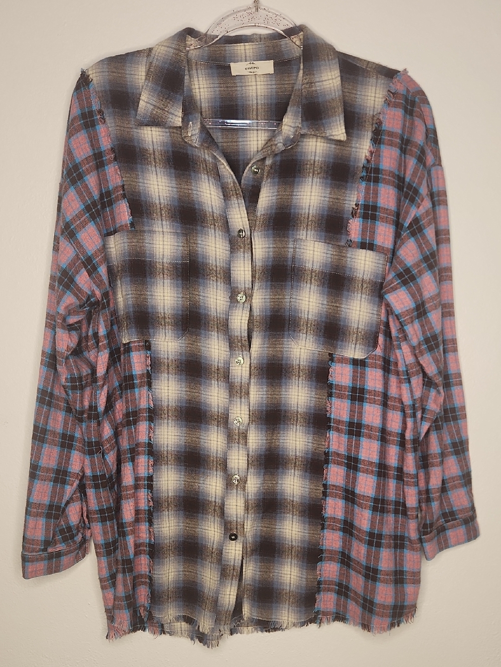Entro Two-Tone Plaid Festival Boho Streetwear Button-Up Shirt Size Large